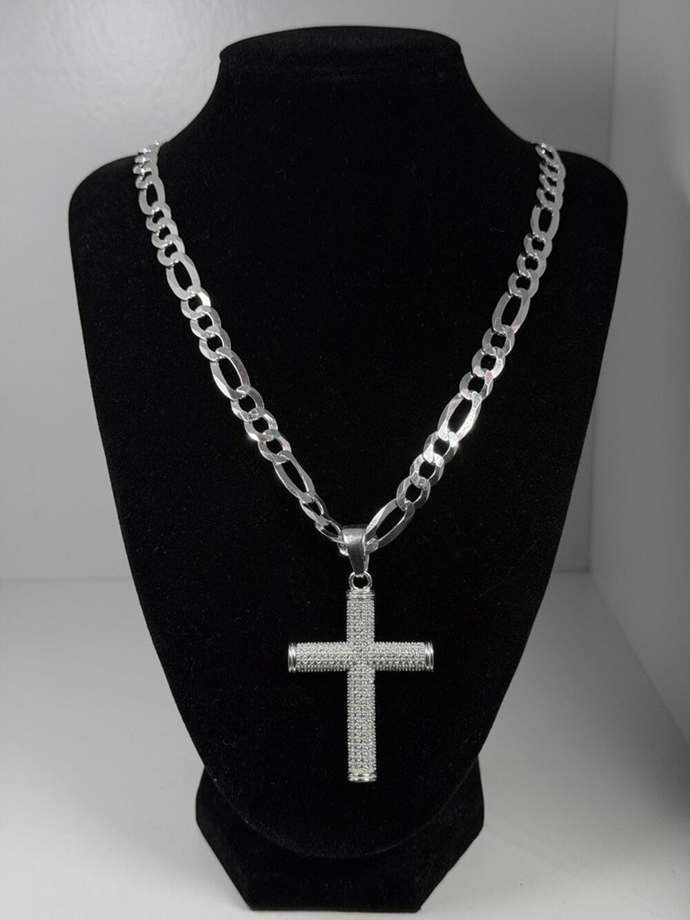 Mens Silver Figaro Chain Necklace Cubic Zirconia Cross Pendant 24 Inch 8.5mm